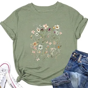 Women T-Shirt Vintage Floral Print Cotton Blend Round Neck Short Sleeve Casual Nature Inspired Loose Fitting Pullover Top