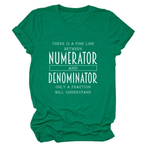 Detail of white math pun print on a dark forest green crew neck cotton t-shirt fabric