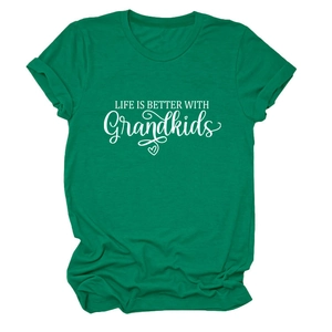 Detail of dark green t-shirt featuring LIFE IS BETTER WITH Grandkids white graphic print
