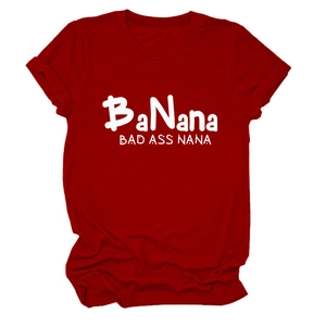 Dark red cotton T-shirt featuring white BaNana Bad Ass Nana slogan and rolled sleeves