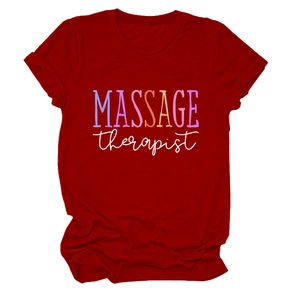 Red cotton short sleeve T-shirt with Massage Therapist lettering and classic crew neck
