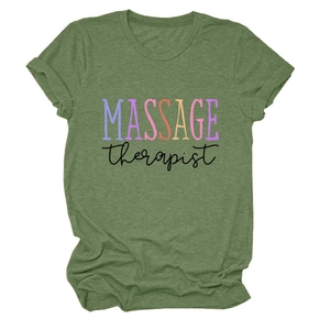Macro detail of heather green fabric and massage therapist print on the cotton t-shirt