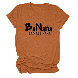 Detail of caramel heather t-shirt with BaNana and BAD ASS NANA text and rolled sleeves