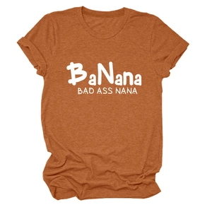 Close-up of rust-red cotton T-shirt featuring BaNana Bad Ass Nana white artistic print