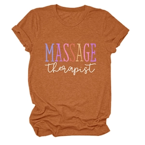 Detail of rolled sleeves and printed text on a terracotta massage therapist t-shirt