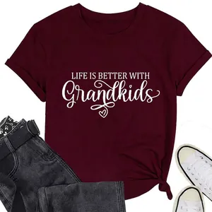 Life Is Better With Grandkids Letter Print Women Short Sleeve T-Shirt Casual Round Neck Cotton Blend Loose Summer Top
