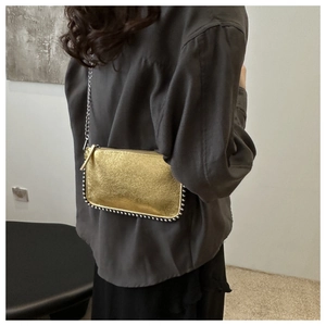 Detail of metallic gold crossbody bag with silver beaded trim and chain strap on model