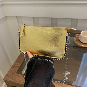 Women Crossbody Bag Small Metallic PU Leather Envelope Purse Silver Bead Trim Metal Chain Strap Trendy Fashion Shoulder Handbag