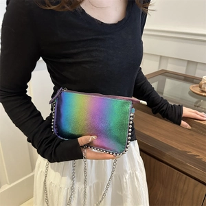 Iridescent envelope chain bag with metallic bead trim and colorful laser PU leather