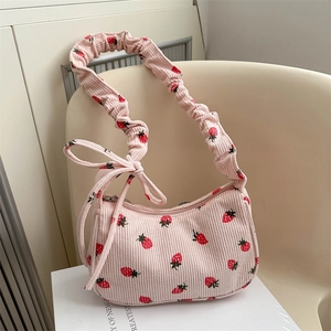 Sac Sous Le Bras À Imprimé Fraise En Velours Côtelé Pour Femme Doux Bandoulière À Volants Avec Nœud Style Frais Petit Sac Bandoulière