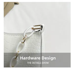 Close-up of white crocodile pattern texture with gold and resin chain strap details