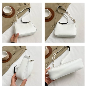 Detailed four-view grid showing white crocodile pattern texture and silver chain strap