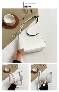 Detail view of white crocodile pattern shoulder bag with stylish acrylic chain strap
