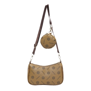 Brown 2-in-1 crossbody bag set with vintage floral print and adjustable wide strap