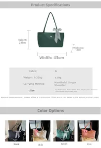 Detailed chart showing soft PU shoulder bag dimensions and stylish bow knot features