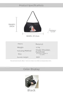 Tableau des tailles et dimensions pour le grand sac fourre-tout avec détails des poignées