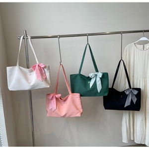 Stylish large PU leather tote bag with silk ribbon bow decoration in four colors