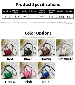 Size chart for mini PU crossbody bag with dimensions and seven color options available