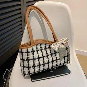 Sac Cabas En Tweed Pour Femmes Avec Ruban Nœud Mode Rétro Sac À Bandoulière Sous L'aisselle Garniture En Cuir PU