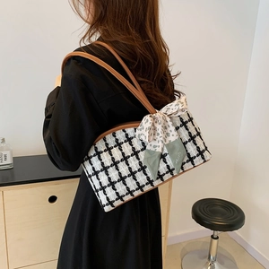 Sac fourre-tout en tweed à carreaux avec ruban et bandoulière en cuir pour femme chic