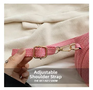 Detail of adjustable pink and white woven strap with gold metal buckle on a shoulder bag