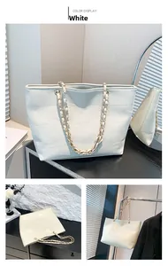 Detail view of white large capacity tote bag featuring geometric textures and chain strap