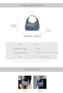 Tableau des tailles d'un sac demi-lune en tissu bleu clair avec dimensions et détails de bandoulière