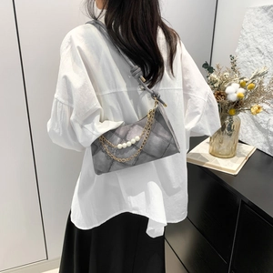 Borsa a spalla retrò grigia a quadri con catena di perle e tracolla con nodo donna