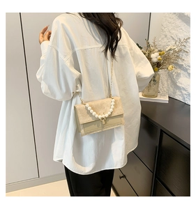 Détail du sac beige tissé avec grande poignée en perles et bandoulière chaîne dorée