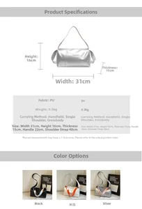 Detailed size chart for the silver PU tote showing dimensions 31x16x15cm and carry options
