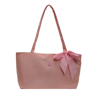 Pink large capacity shoulder tote bag with checkered bow and E logo on white background