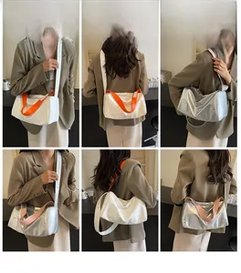 Detailed views of crossbody pillow bag showing white and silver styles with colorful straps
