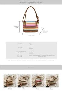 Detailed dimension guide and color options for bohemian rainbow woven crossbody bag