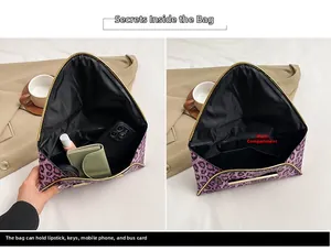 Internal view of purple leopard envelope clutch showing storage capacity for essentials