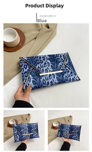 Blue leopard print envelope clutch bag with gold metal trim and stylish flat design