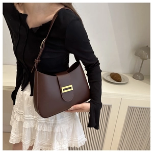 Detail of a dark brown shoulder bag with a gold rectangular metal buckle and adjustable strap