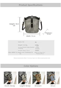 Detail view of vintage bucket bag with metal twist lock and size dimensions guide