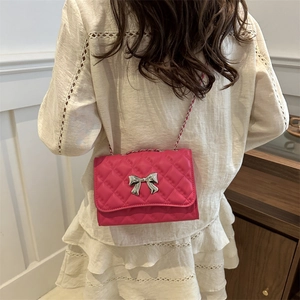 Hot pink quilted PU crossbody bag with silver bow buckle and woven chain strap for women