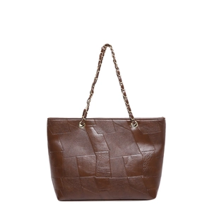 Large capacity dark brown stone pattern leather tote bag with chain strap for daily commute