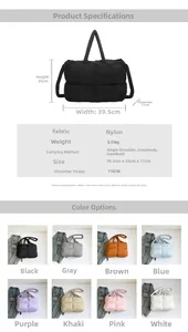 Detailed chart showing measurements and colors of the large quilted nylon puffer tote bag