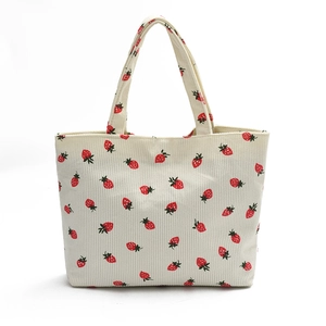 Corduroy tote bag with strawberry print, large capacity shoulder bag for commuting