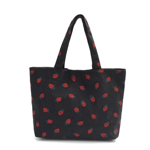 Sac fourre-tout en velours côtelé noir avec imprimé fraise et doubles poignées