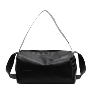 Minimalist black soft leather boston bag with cylinder design and adjustable shoulder strap