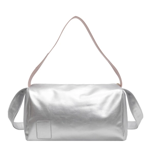 Metallic silver tote bag with pink straps and a modern cylindrical design for daily commuting