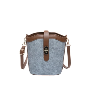 Retro contrast bucket bag in grey wool and brown leather with gold turn-lock closure