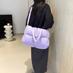 Quilted lavender puffer shoulder bag for women with padded strap and spacious interior