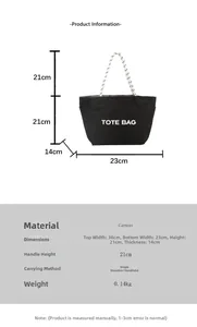 Detailed size guide for black canvas tote bag with white rope handles and dimensions
