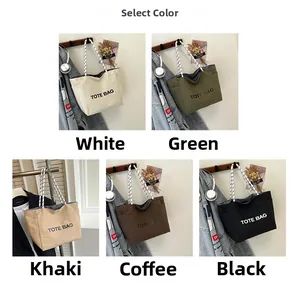 Selection of five colors for large canvas tote bags with woven handles and side pockets