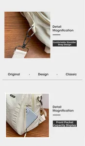 Detailsicht der robusten Metallschnalle und Vordertasche am beigen Reise-Rucksack