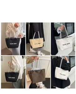 Collage of casual canvas tote bags in various colors with striped handles and text print